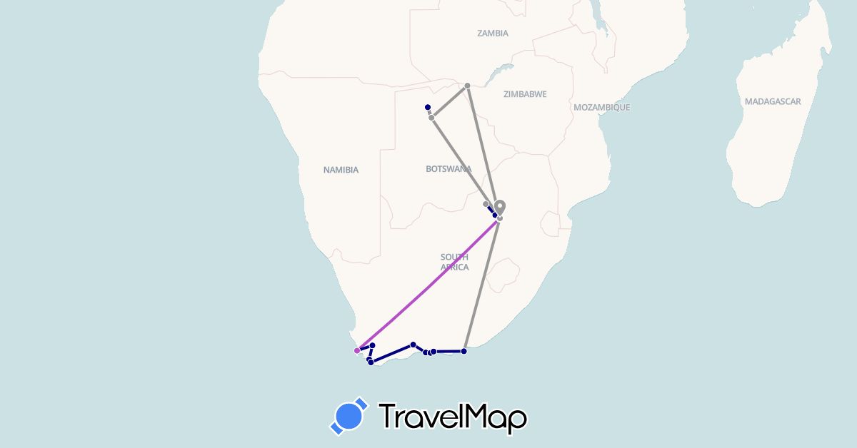 TravelMap itinerary: driving, plane, train in Botswana, South Africa, Zambia (Africa)